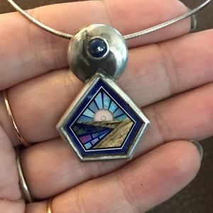 Lapis and opal inlay sunrise pendant